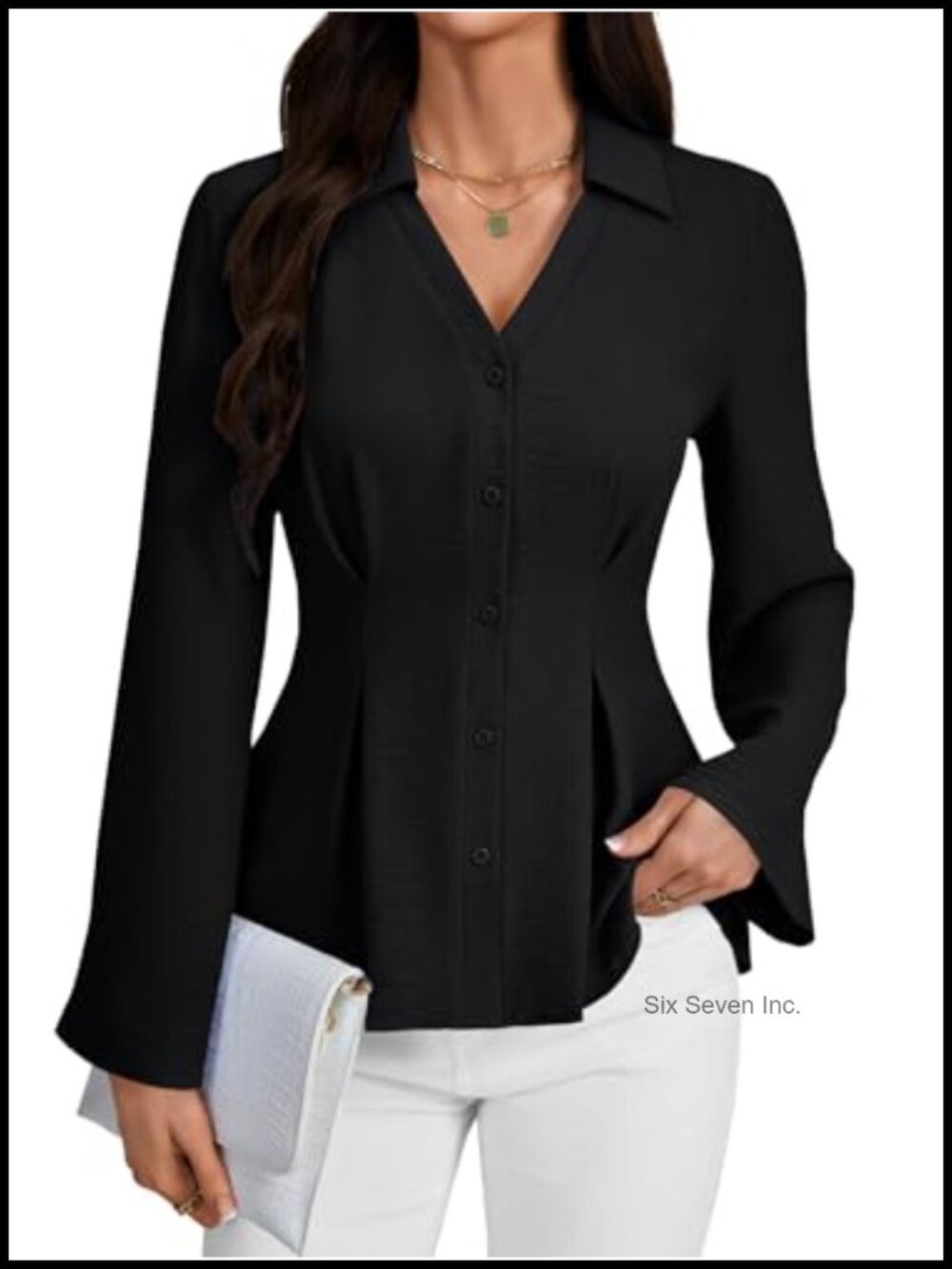 Women's Button Down Business Blouse with Pleated Waist and Long Sleeves